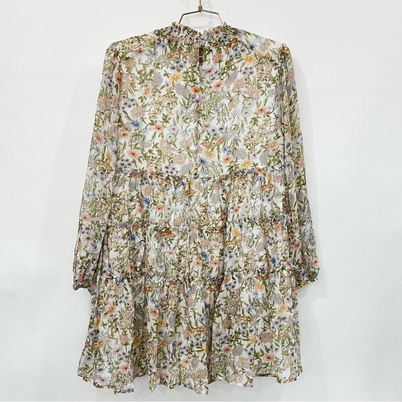 Floral Mini Dress Smocked Neck Tiered Sheer Long Sleeve Lined Multicolored - Picture 5 of 12